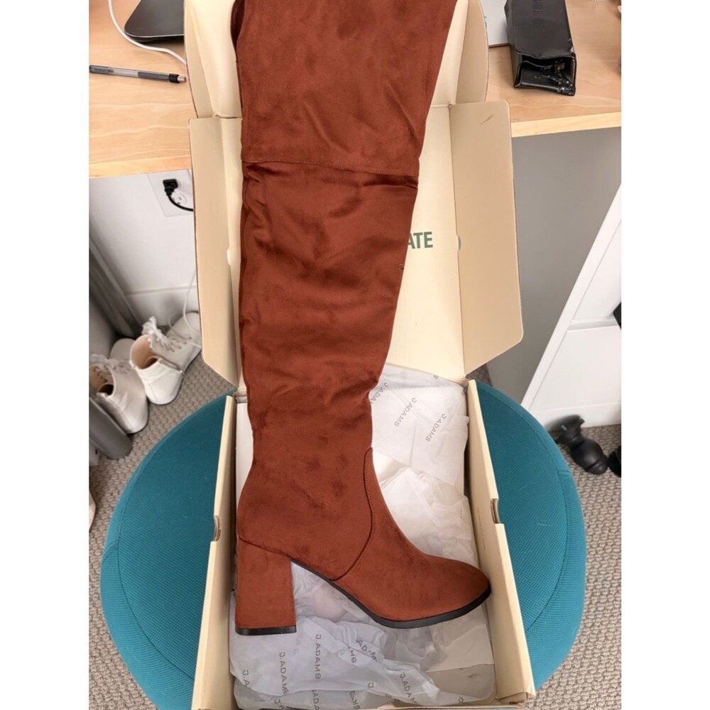 Over-the-Knee Block Heel Boots in Chestnut Suede - Picture 2 of 2
